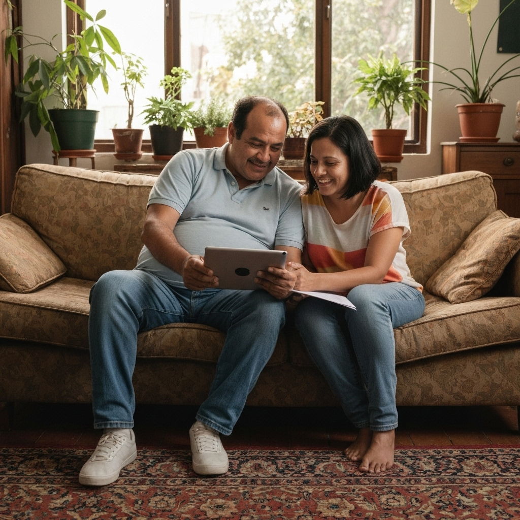 Latino couple managing finances together