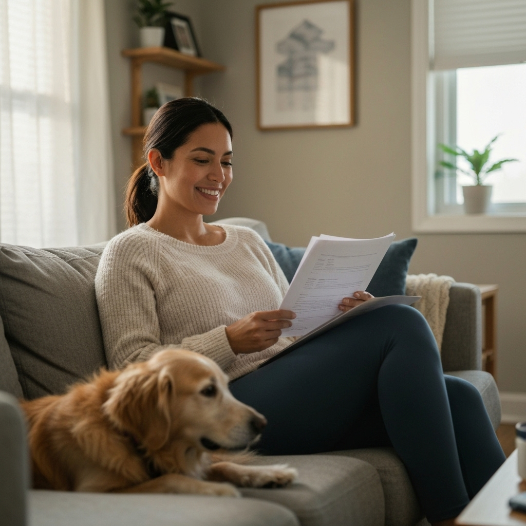 Woman with her dog managing personal finances